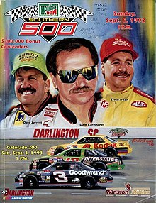 The 1993 Southern 500 program cover, feautring Dale Jarrett, Dale Earnhardt, and Ernie Irvan.