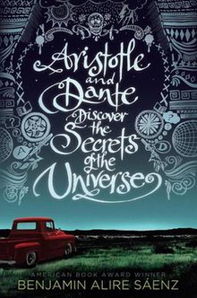 Cover art for "Aristotle and Dante Discover the Secrets of the Universe", which depicts an empty red pickup truck parked in the middle of an empty field in the Southwestern United States. Above the truck are a number of symbols, including a skull, flowers, a book, rain clouds, the sun, question marks, and indigenous designs.