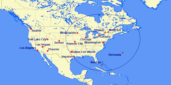 A map of North America with a circle to indicate a 1,250-statute-mile (2,010 km) radius from the airport along with major cities inside and outside of the perimeter restriction