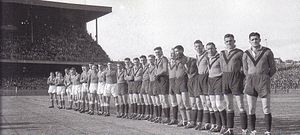 Newtown (left captained by Frank Farrell) lines up with Norths before the 1943 Grand final. Norths v Newtown 1943.jpg