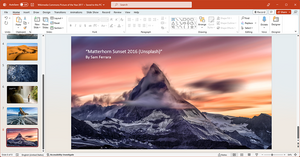 A photo presentation being created an edited in PowerPoint 2018 (365-only UI version), running on Windows 10