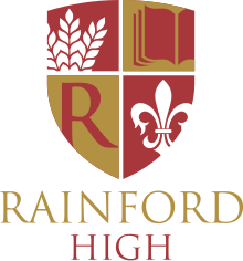 alt=Top left: A wheatsheaf, representing the village of Rainford. Top right: A book, representing learning and knowledge. Bottom left: The letter R, representing the school's name. Bottom right: A fleur-de-lis, representing togetherness and love. Text: Rainford High
