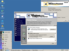 Screenshot of Windows 2000 Datacenter Server, asking the user to complete setup by configuring Cluster and Remote Installation service in the Configure Your Server component. Windows 2000 Datacenter Server.png