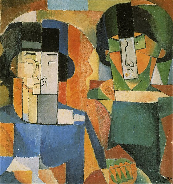 File:Diego Rivera, 1914, Portrait de Messieurs Kawashima et Foujita, oil and collage on canvas, 78.5 x 74 cm, private collection.jpg