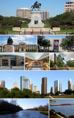 From top left to right: Sam Houston Monument, Rice University, University of Houston, Toyota Center, The Galleria, Broken Obelisk, Downtown Houston, George Bush Park, Houston Ship Channel