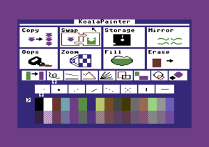 C64 KoalaPainter menu screen. The "undo" command was called "Oops" (2nd row, left). The lowermost part of the screen contains the color choice chart (16 pure colors, 16 dithered). Immediately above the color chart is the brush shape bar (8 different shapes).