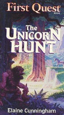 The cover illustration shows the edge of a wood near mountains. In the foreground is a stocky bearded man in brown clothes carrying a club, seemingly stalking a white unicorn in the background.