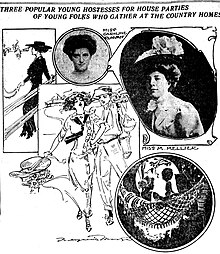 Newspaper layout dealing with house parties, with sketches by Marguerite Martyn of the St. Louis Post-Dispatch and photographs of society women, 1909. The man in the center is carrying golf clubs, and there is a hammock in the lower drawing. House party sketches by Marguerite Martyn, with photos.jpg