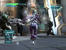 The game's use of third-person perspective when using a melee weapon affords the player greater control in combat. Unreal Championship 2 The Liandri Conflict screenshot.jpg