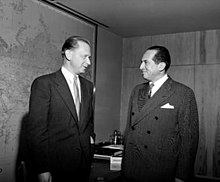 1953 photograph of UN Secretary-General Dag Hammarskjöld (left), with Ambassador Francisco Urrutia, newly appointed Permanent Representative of Colombia to the UN, shortly after the brief ceremony at which the latter presented his credentials.