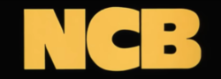 Upper case letters 'NCB' in yellow on a black background