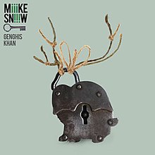 A single cover with an aqua background and a jackalope-shaped padlock in the center, and the words 'Miike Snow' and 'Genghis Khan' written in the top left corner.