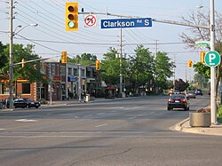 Clarkson Village, looking eastward at the corner of Lakeshore Road West and Clarkson Road South