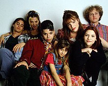 From left to right, Jared Leto as Jordan Catalano, A. J. Langer as Rayanne Graff, Wilson Cruz as Rickie Vasquez, Lisa Wilhoit as Danielle Chase, Devon Odessa as Sharon Cherski, Claire Danes as Angela Chase and Devon Gummersall as Brian Krakow MySo-CalledLifeCast.jpg