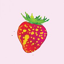 A strawberry on a pink background