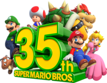 Anniversary logo, depicting (from left to right) a Goomba, Luigi, Toad, Bowser, Mario, and Princess Peach