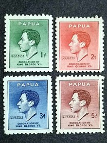 King George VI's Coronation stamps issued in Papua, 1937 Papua Coronation stamps 1937.jpg