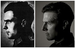 Collage of two photos that each show a man's profile. The left profile is a dated photo of a man with the visible collar of his Nazi uniform, and the right profile is a modern photo of a man.