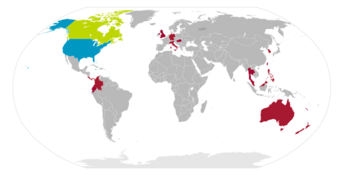 Key Club around the world. Blue denotes fully Districted countries, green denotes partially Districted countries and/or Districts-in-formation, and red denotes countries with non-Districted Key Clubs.