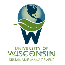 A blue globe with North and South America in a dark blue. The bottom third of the globe is covered by a stylized green leaf with the leaf tip facing to the right. A dark blue “W,” the same color as the continents, is below the leaf. Below the image “University of Wisconsin Sustainable Management” is written in the same green as the leaf with a stylized line through “Wisconsin”