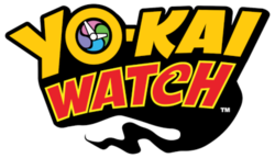 Logo of the series, with the word "YO-KAI" written in a yellow font and the O made to resemble the eponymous device, with a multicolored face and white hands; and the word "WATCH" in a red font, with the C being stylized. The words are surrounded by a tapering black wisp.