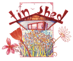 Colorful logo with the text "Tin Shed"
