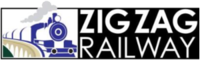 A badge with an drawing of a steam locomotive crossing a viaduct bridge, alongside the words "Zig Zag Railway" printed in white on a black background.