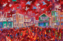 Colourful watercolour painting depicting a crowd of people celebrating in the street.