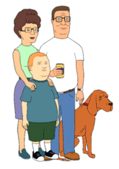 The Hill family. From the left: Peggy (back), Bobby, Hank, and their dog, Ladybird. King of the Hill.png