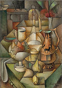 Jean Metzinger, ca 1911, Nature morte (Compotier et cruche décorée de cerfs), oil on canvas, 93.5 x 66.5 cm. Exposició d'Art Cubista, 1912