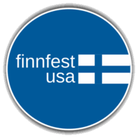 FinnFest logo, a blue circle with FinnFest and a Nordic cross, both in white