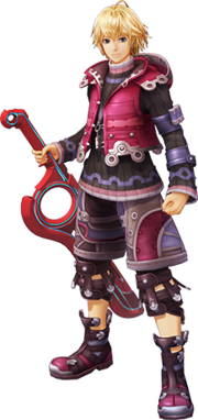 Artwork of Shulk, a young, blond man wearing a wine red vest and carrying a red sword
