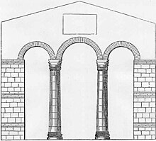 Triple arch opening separating the nave and apse in the 7th-century St Mary's Church, Reculver, Kent (now largely destroyed) Reculver.jpg