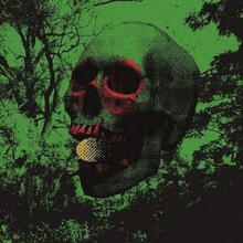 A mostly green-and-black monochromatic image of a skull in front of a green background.
