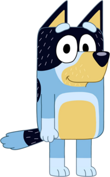 An anthropomorphic cartoon dog with mostly blue fur with a dark blue fur pattern on his head that resembles a bandit's mask. Silver hairs can be seen all over the dark blue areas of his fur as well as on his face around his mouth similar to facial hair, indicating middle age.