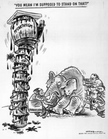 One of the earliest uses of the term McCarthyism was in a cartoon by Herbert Block ("Herblock"), published in The Washington Post, March 29, 1950. Herblock1950.jpg