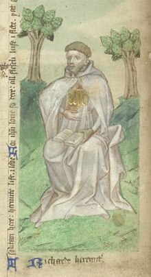 Richard Rolle, detail from "Religious Poems", early 15th century (Cotton Ms. Faustina B. VI, British Library)