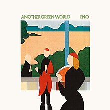 A picture of the album cover. In the center is an image made of geometric shapes showing two people inside and a window showing bushes and a man outside. Above this image the words "Another Green World" and "Eno" are written.