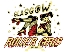 Logo is red, white and cream of a woman with black hair in high pigtails, wearing fishnets and reclining in front of the 'Glasgow Roller Girls' name