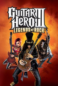 The title "Guitar Hero III: Legends of Rock" appear in big text at the top on an orange-brown, smoke-like background. Three of the game's characters, each dressed in rock attire, posing while playing their guitars, are shown below the title.