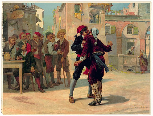 Original 2 - Alfio, Lola's husband, hugs Turiddu, challenging him to a duel per Sicillian custom, and Turiddu bites his ear, accepting the duel, and draws blood, indicating it will be to the death, setting up the end tragedy.