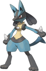 A bipedal blue and black jackal with tan fur on its torso. It has a spike on its chest(When hugged will poke through your heart), and on the end of its two arms(Which it uses to fire of steel moves). Similar to Kicks from the animal crossing series.