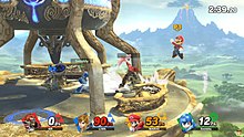 Pre-release screenshot of Ultimate featuring Ganondorf, Link, Mario and Mega Man battle on the "Great Plateau Tower" stage, based on the location from The Legend of Zelda: Breath of the Wild Super Smash Bros. Ultimate gameplay.jpg