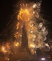 New Year celebrations, including fireworks at the Burj Khalifa at midnight Burj khalifa opening ceremony.jpg