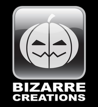 A white jack-o'-lantern in a rounded, square, black, glass button with white "Bizarre" then "Creations" below, all on a black background.