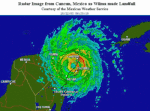 Radar image of Hurricane Wilma as it slowly drifted inland over the NE Yucatán Peninsula with winds of 140 mph.