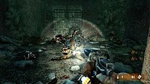 Metro: Last Light: the player character, Artyom, pointing a shotgun at an enemy.