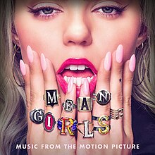 A blonde woman wears several rings that spell out "Mean Girls", with the text "Music from the Motion Picture" in white at the bottom.