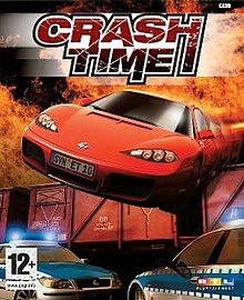 Box art image showing a sports car passing over the top of two police vehicles with a train carriage and flames in the background. The title "Crash Time" is placed at the top centre of the image.