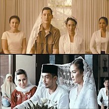 Two screenshots from the film, showing Ishak Pahing (Nino Fernandez) at his marriage to Nani Kuddus (Imelda Soraya); bottom is Sakera (Yama Carlos) at his marriage to Maida (Atiqah Hasiholan). Both are in a Muslim manner